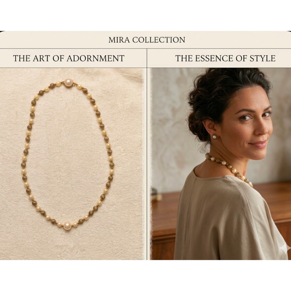 Faux Pearl and Textured Gold Tone Bead Necklace Vintage Style